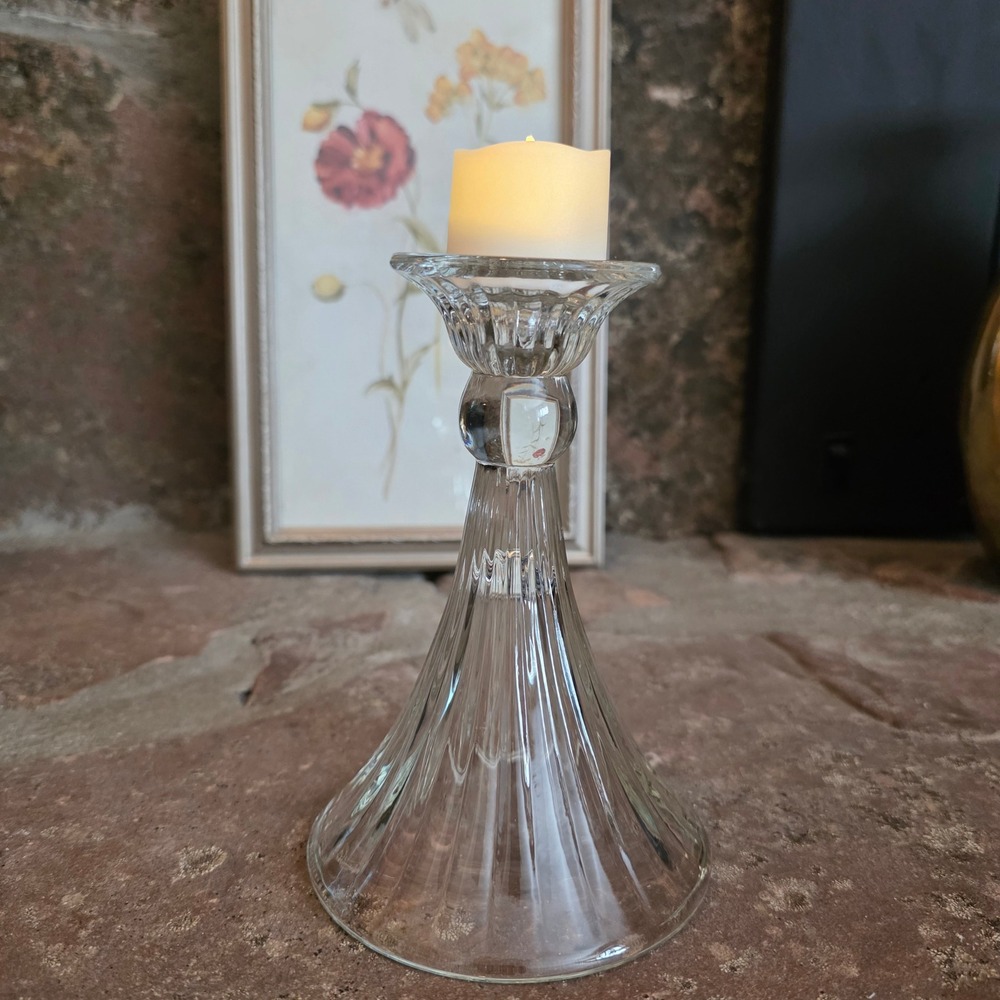 Vintage Clear Ribbed Glass Candlestick Holder Reverse Flower Bud Vase 6 Inch